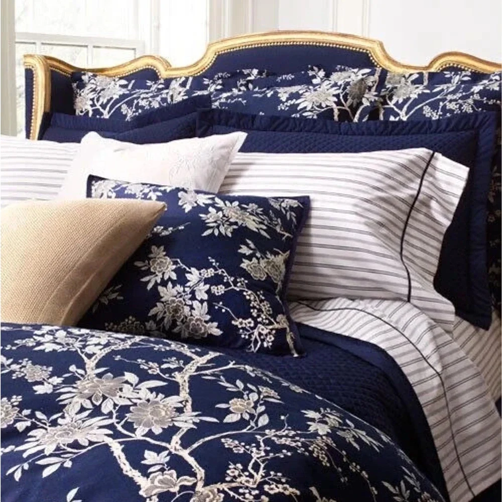 2 Ralph Lauren King Pillow Shams Deauville Blossom Floral Navy Blue HTF READ
